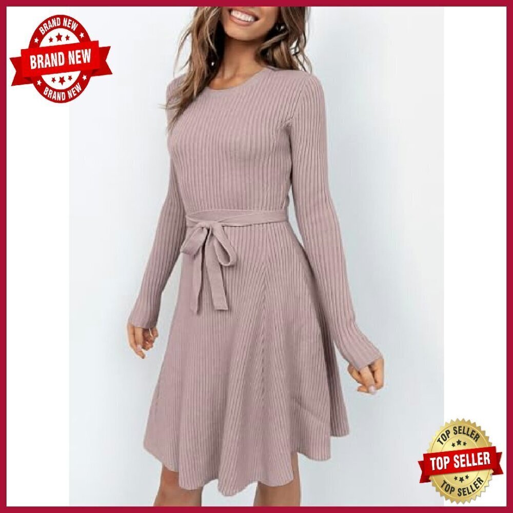 Long Sleeve Midi Dress Ribbed Knit Tie Waist Bodycon Fall Casual - Picture 5 of 8